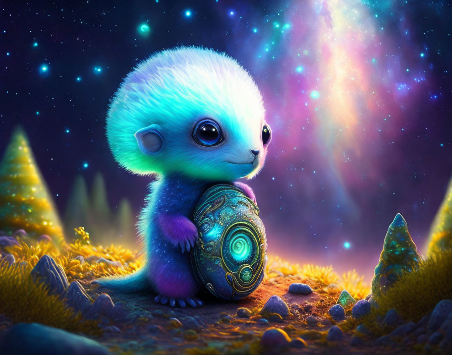 Whimsical creature hugging magical orb on vibrant alien landscape