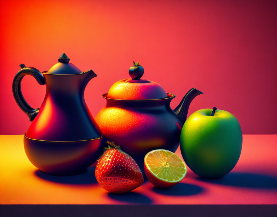 Still life with teapot, sugar bowl, and fruits on red-orange gradient.