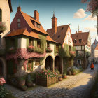 Picturesque village street with vibrant flower-adorned houses under sunlit sky