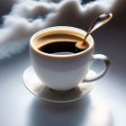 Steaming cup of coffee with saucer and spoon amid autumn leaves and chestnuts