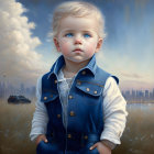 Young boy with white wavy hair in blue jacket standing in calm sea water under cloudy sky