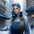 Blonde woman in beret and denim jacket in futuristic cityscape