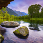 Tranquil Lake Scene with Clear Waters and Mountain Backdrop