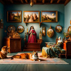 Teal-walled room with baroque decor, historic dressed women, pets, castle paintings, wooden