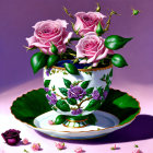 Green cup and saucer with cocoa powder and blueberries, alongside cherry blossom branches