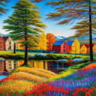 Scenic village painting with colorful trees and lake reflections