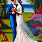 Colorful painting of couple kissing in formal attire with vibrant flora and ocean background