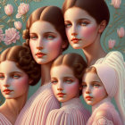 Vintage-style family digital illustration with elegant attire and pastel colors