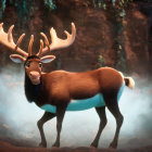 Majestic elk with impressive antlers in misty autumn forest