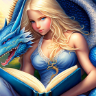 Blonde Woman Reading Book with Blue Dragon