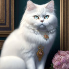 White Cat with Blue Eyes Holding Golden Cup Surrounded by Pink Flowers