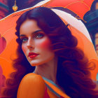 Woman with Blue Eyes and Red Curly Hair Holding Red Umbrella in City Setting