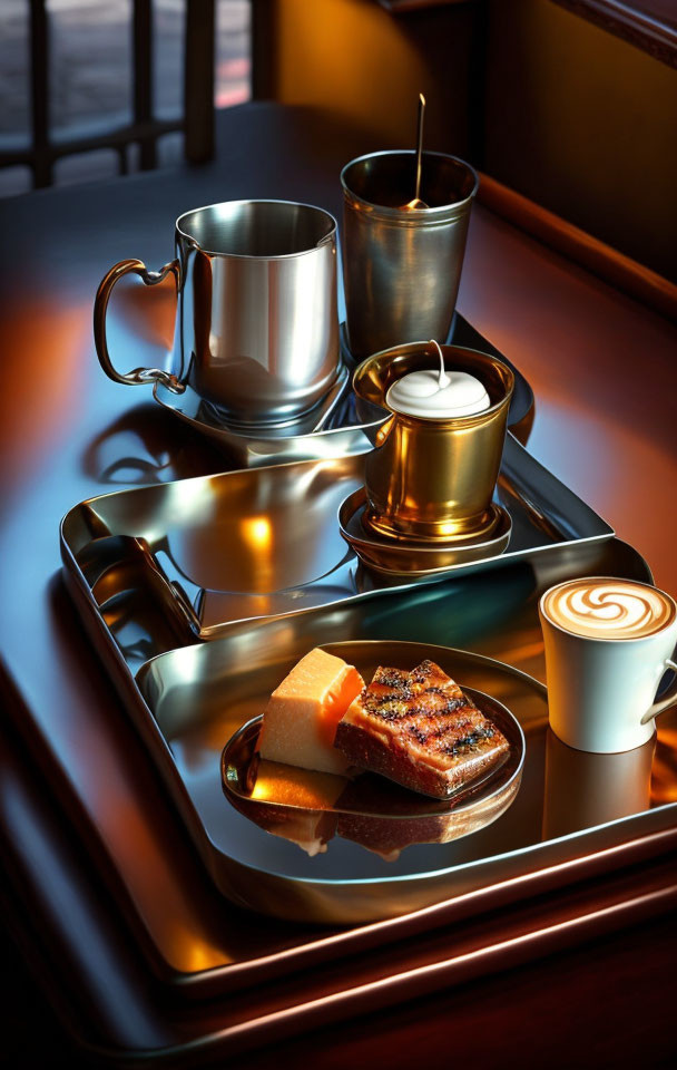 Elegant coffee setup with silver tray, Vietnamese filter, latte art cup, and cake slice