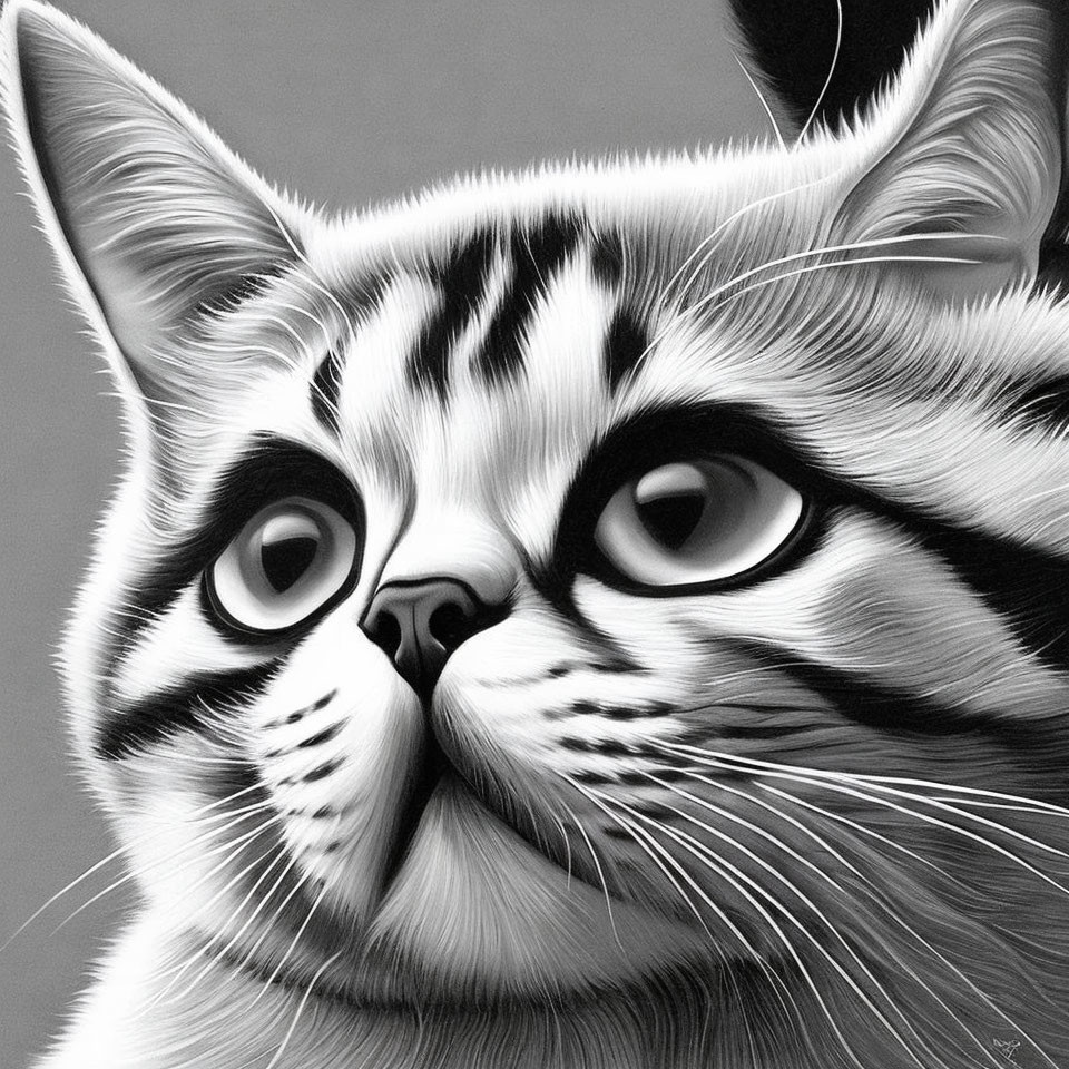 Detailed grayscale drawing of a wide-eyed cat with striped fur.