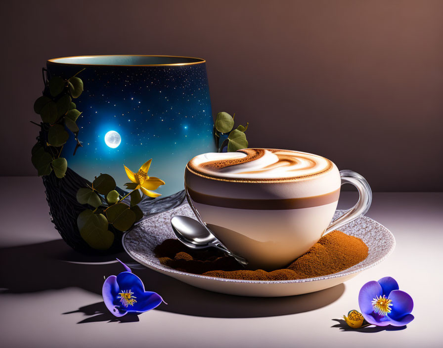 Cappuccino with latte art and purple flowers on saucer with spoon