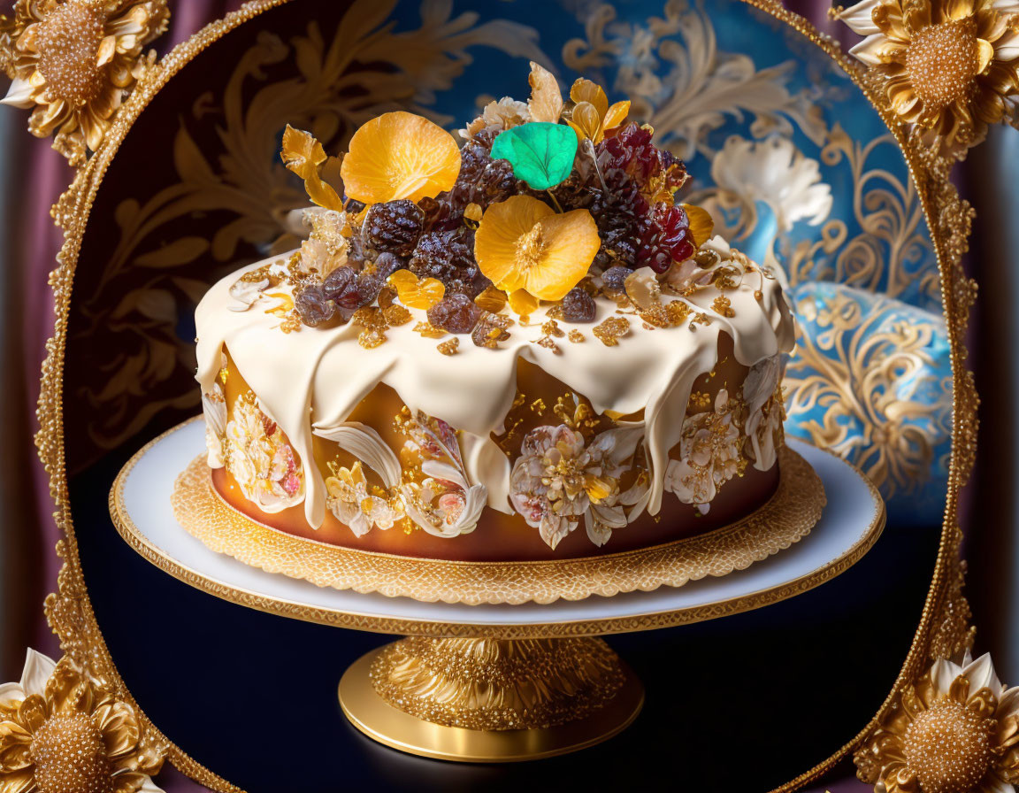 Elaborately decorated fruitcake with white icing, dried fruits, nuts, on golden stand