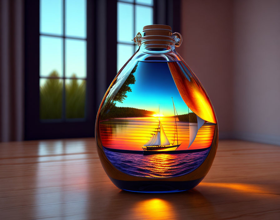 Sunset scene with sailing yacht on tranquil waters framed by window