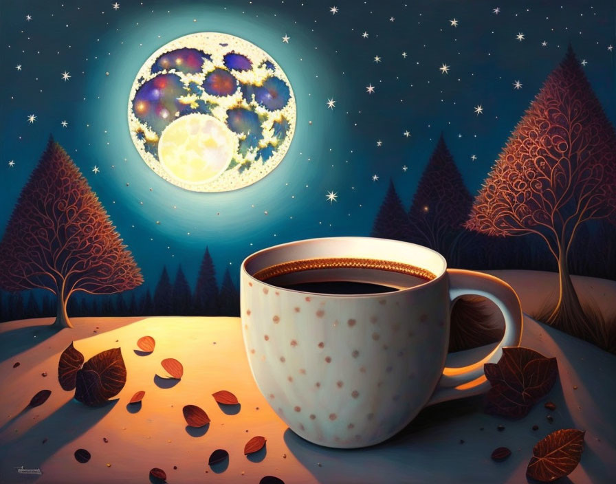 Whimsical painting of oversized coffee cup in autumn night