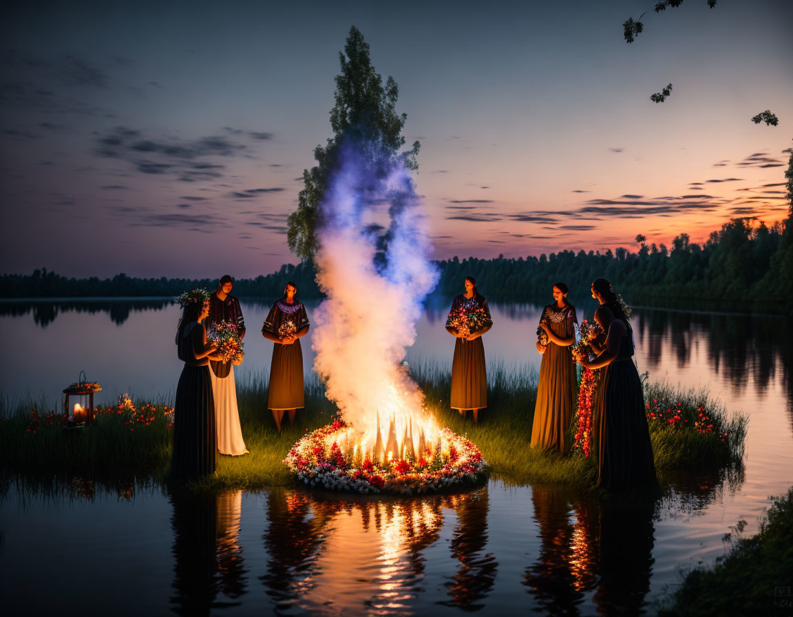 Five People in Traditional Attire by Lakeside With Floral Wreath and Smoke Plume