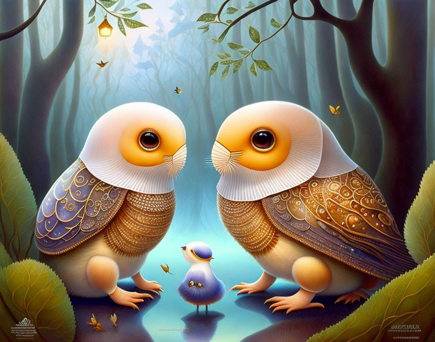 Stylized owls with oversized eyes in fantastical forest with lanterns.