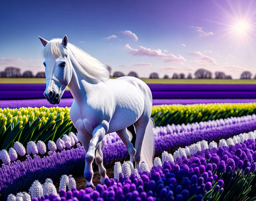 White Horse in Vibrant Field with Purple and White Flowers