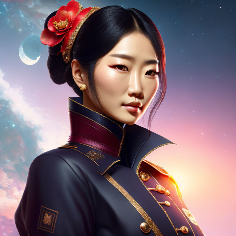 Digital portrait of Asian woman in traditional makeup & military-style jacket with red flower, under crescent moon