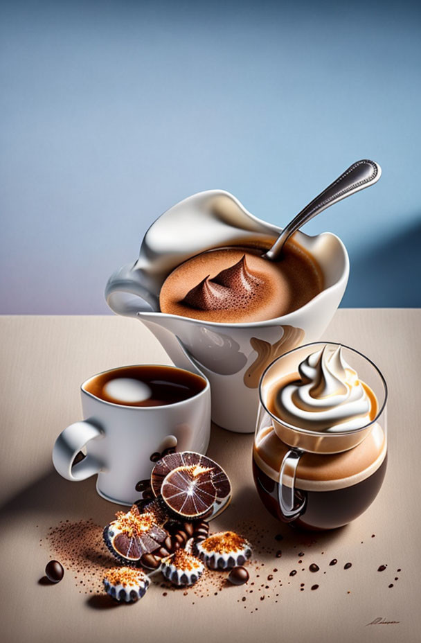 Whimsical coffee and treats illustration with floating cup pouring creamy beverage