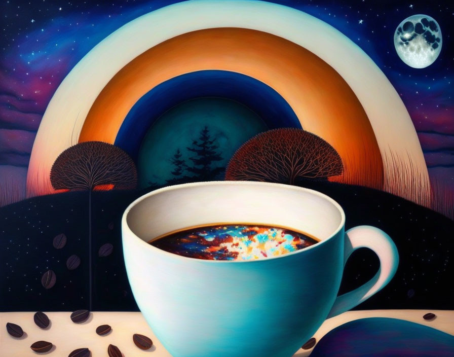 Surreal artwork: coffee cup with cosmic sky reflection