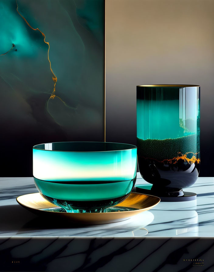 Green Gradient Bowl and Glass on Marbled Table with Golden Undersides