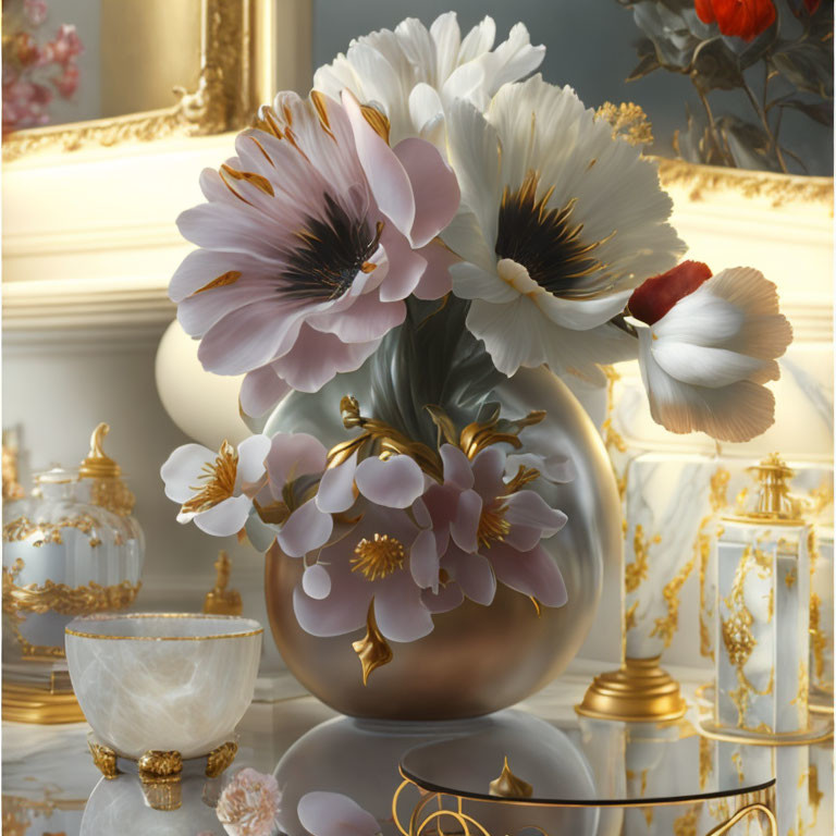 White and pink flower vase on reflective surface with gold-trimmed tea set.