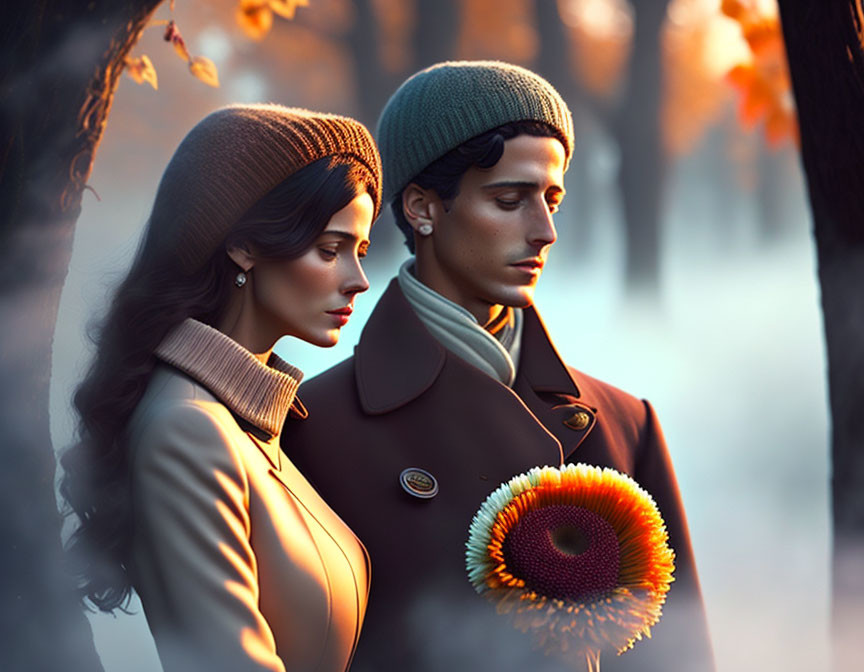 Couple in autumn attire holding sunflower with fall foliage background