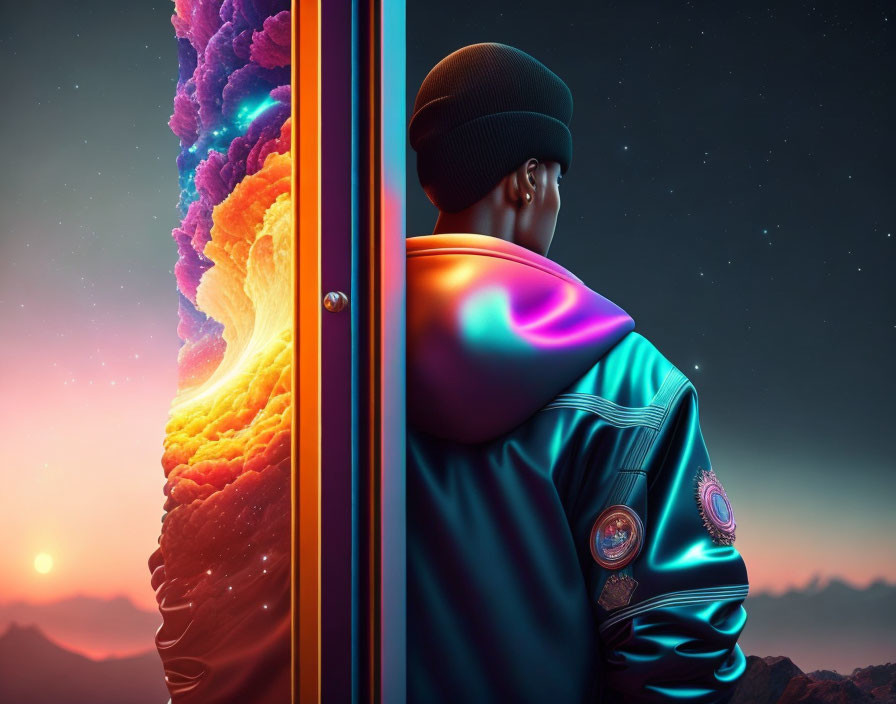 Colorful Landscape with Person in Vibrant Jacket Standing by Abstract Portal