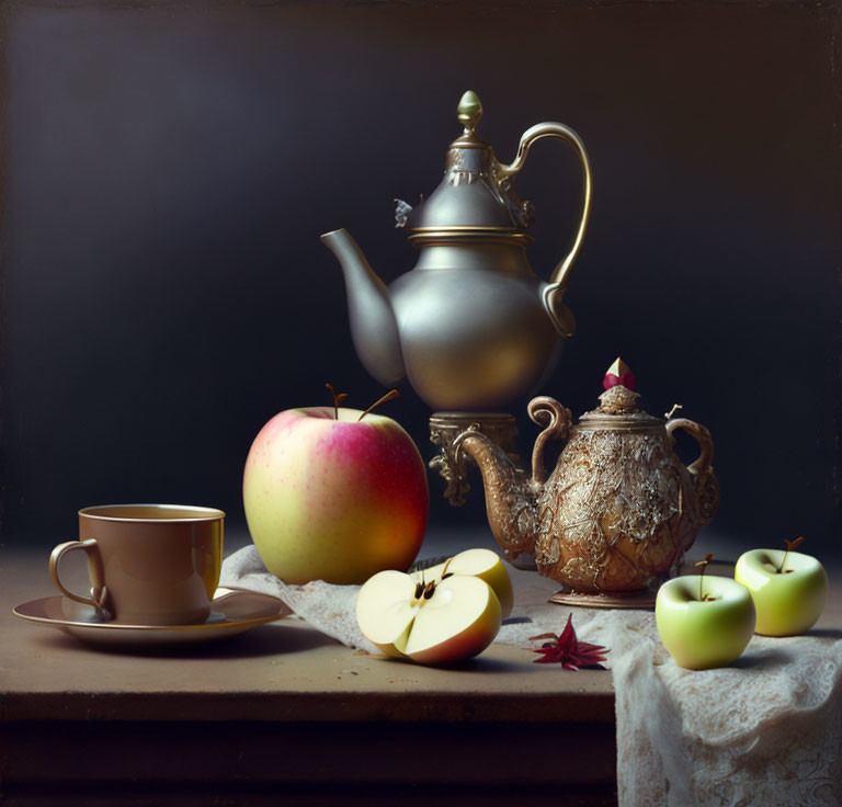 Silver teapot, cup, saucer, sugar bowl, apples, sliced fruit, and red leaf