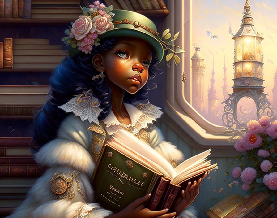 Victorian-themed young girl illustration with book and flowers