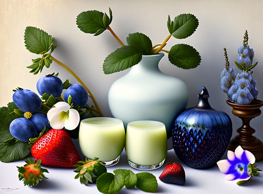 Blue vase, candles, bottle, berries, leaves on neutral background