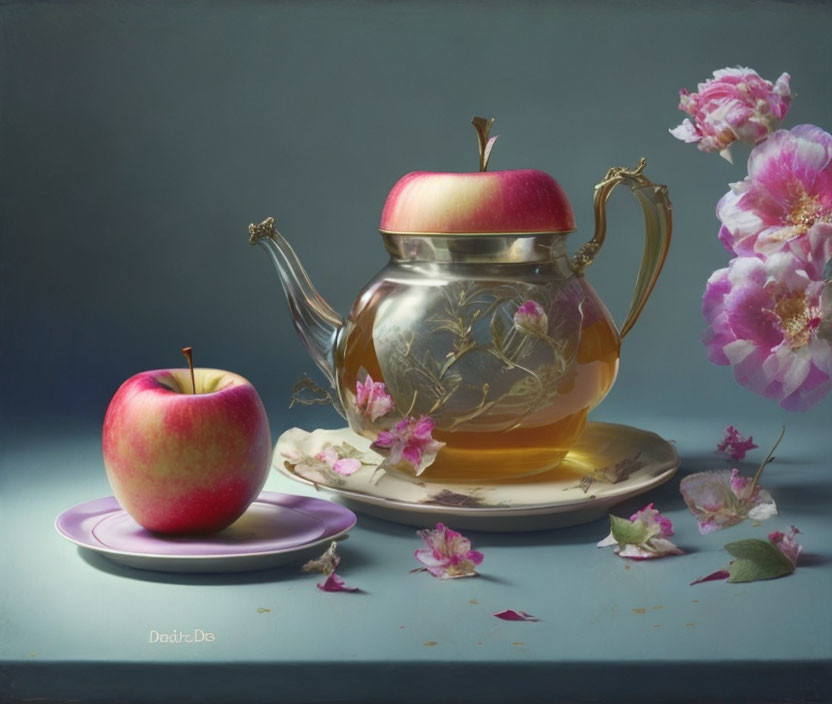 Still Life Image: Apple, Teapot, Flowers, and Petals on Pink Saucer