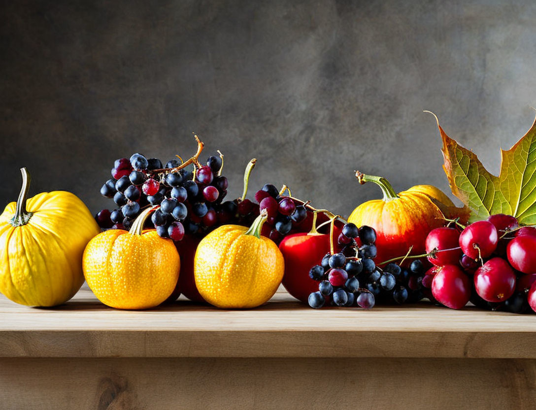 Autumn fruits on wooden table: pumpkins, grapes, cherries, gray backdrop