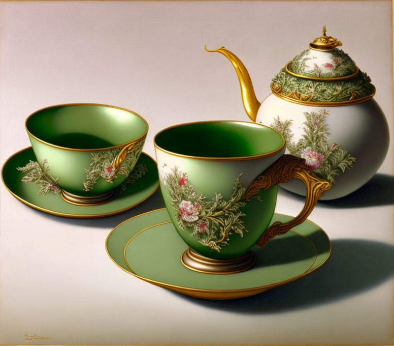 Green and Gold Floral Tea Set Painting in Realistic Style