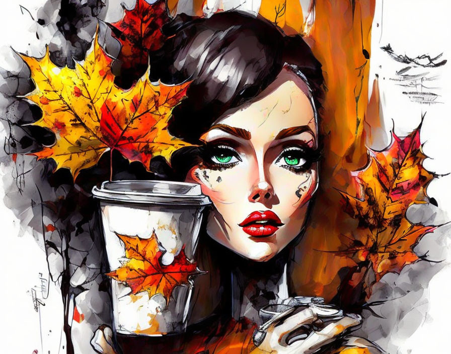 Woman with Striking Eyes and Red Lips Holding Coffee Cup Surrounded by Autumn Leaves