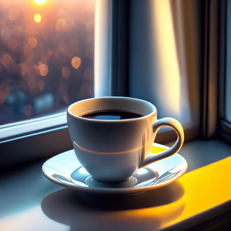 Sunrise illuminates coffee cup on windowsill