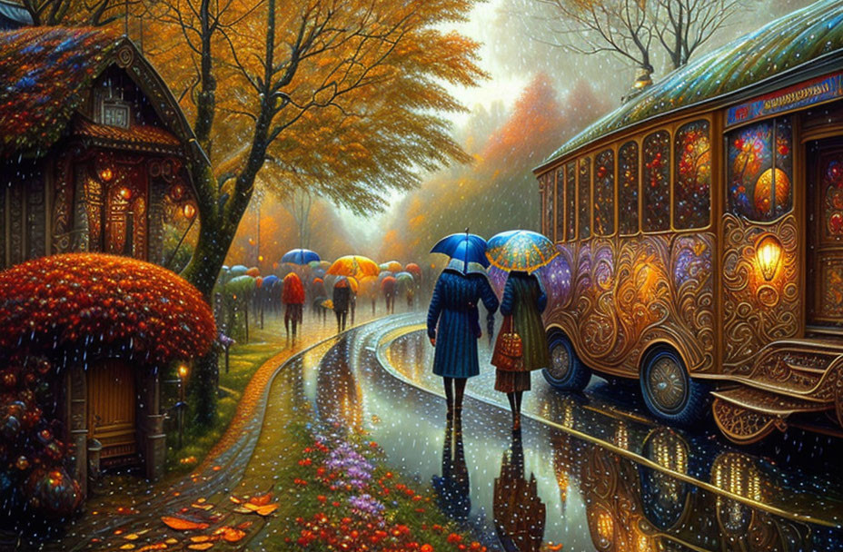 Colorful autumn scene with vintage bus and vibrant umbrellas reflected.