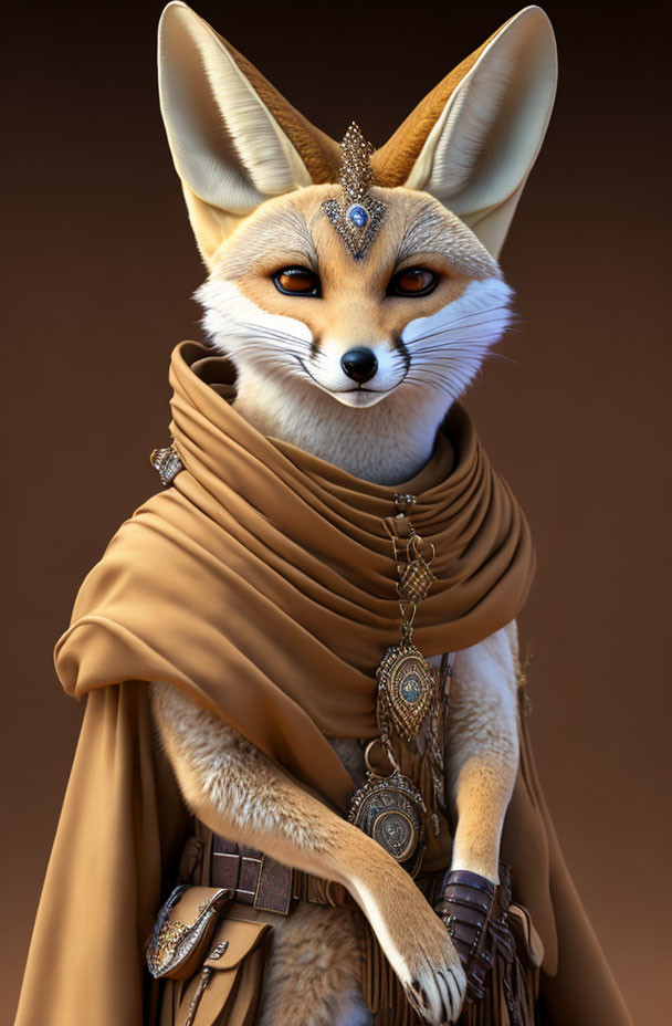 Regal anthropomorphic fox character with jeweled headpiece and ornate accessories