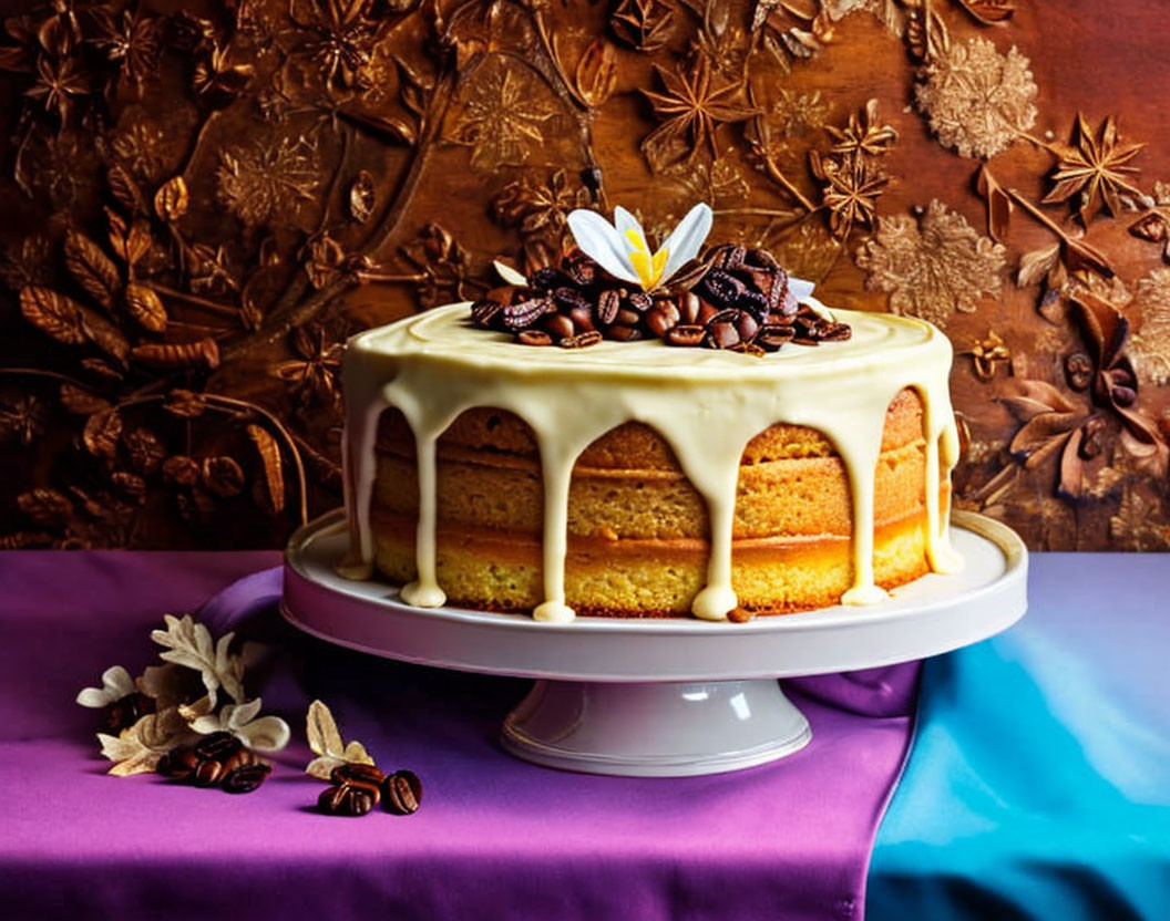 Three-layer sponge cake with white icing and chocolate decorations on cake stand, set against purple and blue pattern