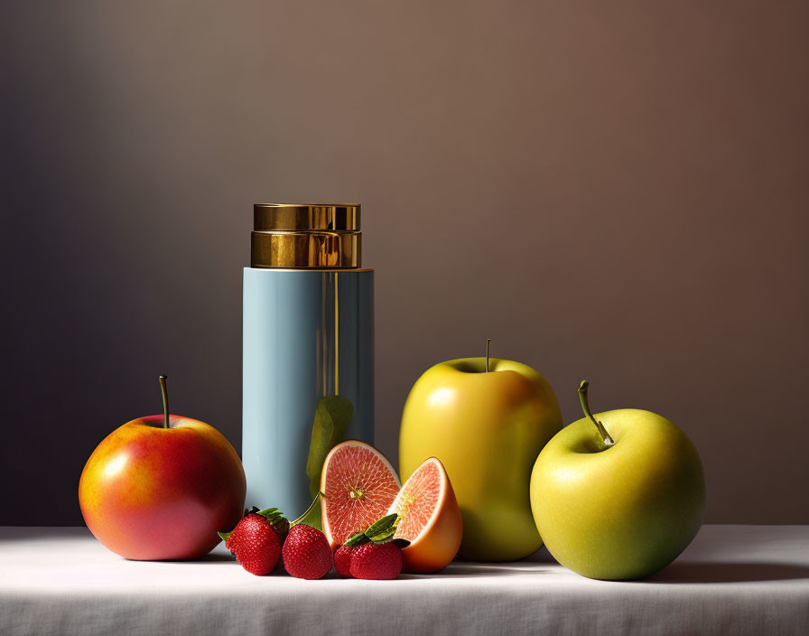 Still life composition: Two apples, strawberries, grapefruit, blue bottle with golden cap on table against