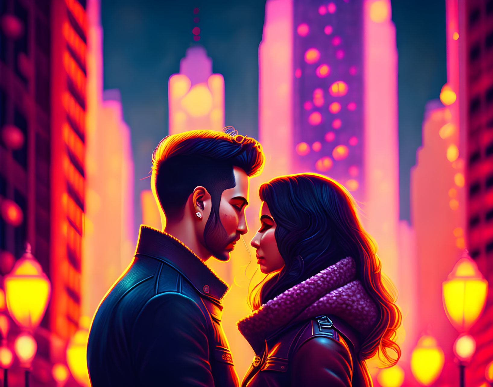 Romantic couple in cityscape digital illustration at night