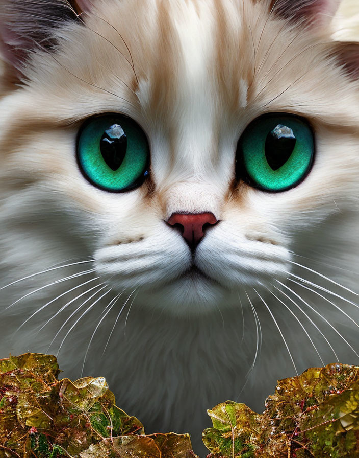 Fluffy white cat with turquoise eyes among multicolored leaves