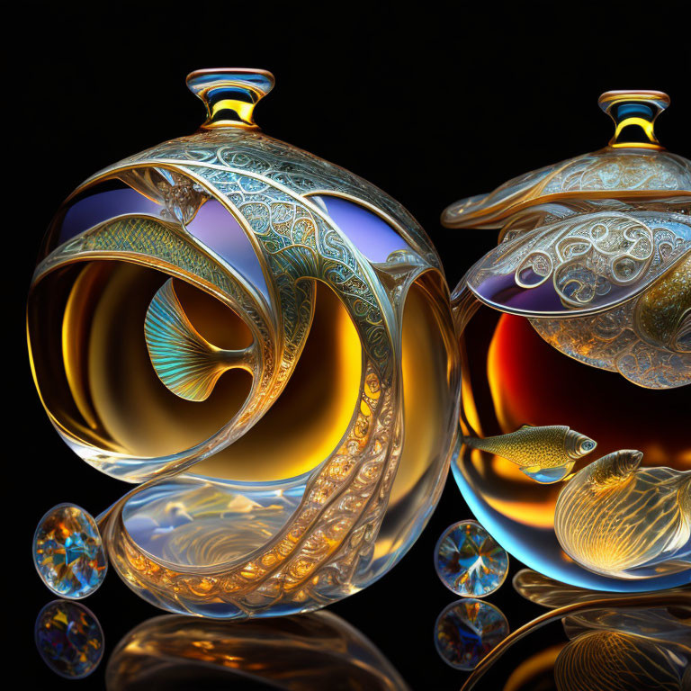 Ornate glass teapots with fish designs and gold accents on dark background