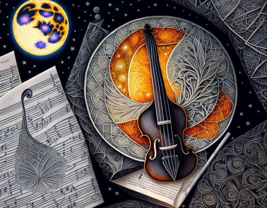 Surreal celestial violin illustration with moon orb and sheet music background