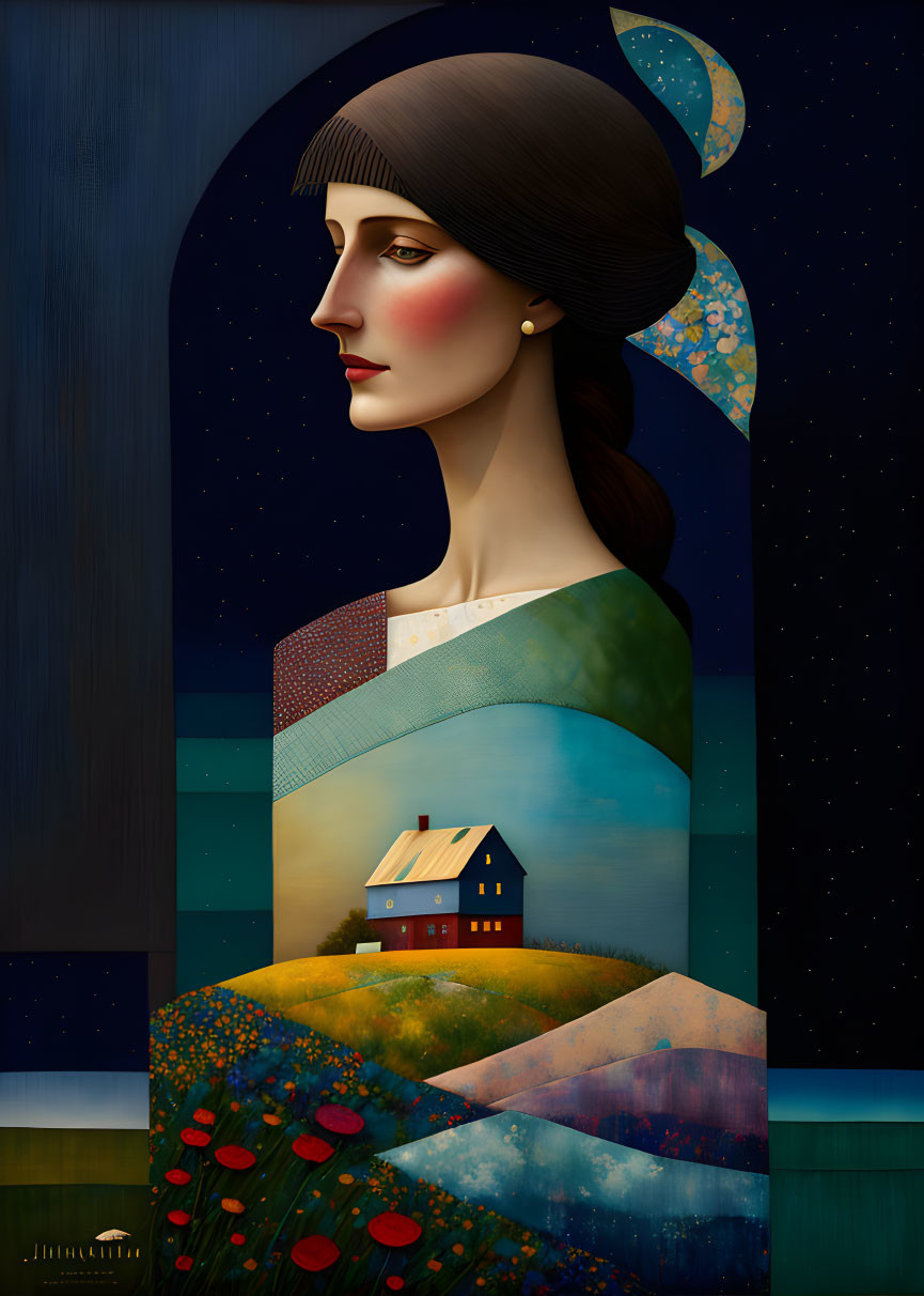 Woman silhouette with countryside landscape: house, fields, starry night.