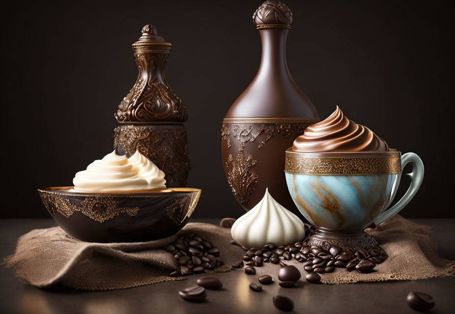 Ornate chocolate and blue dishes with whipped cream on dark background